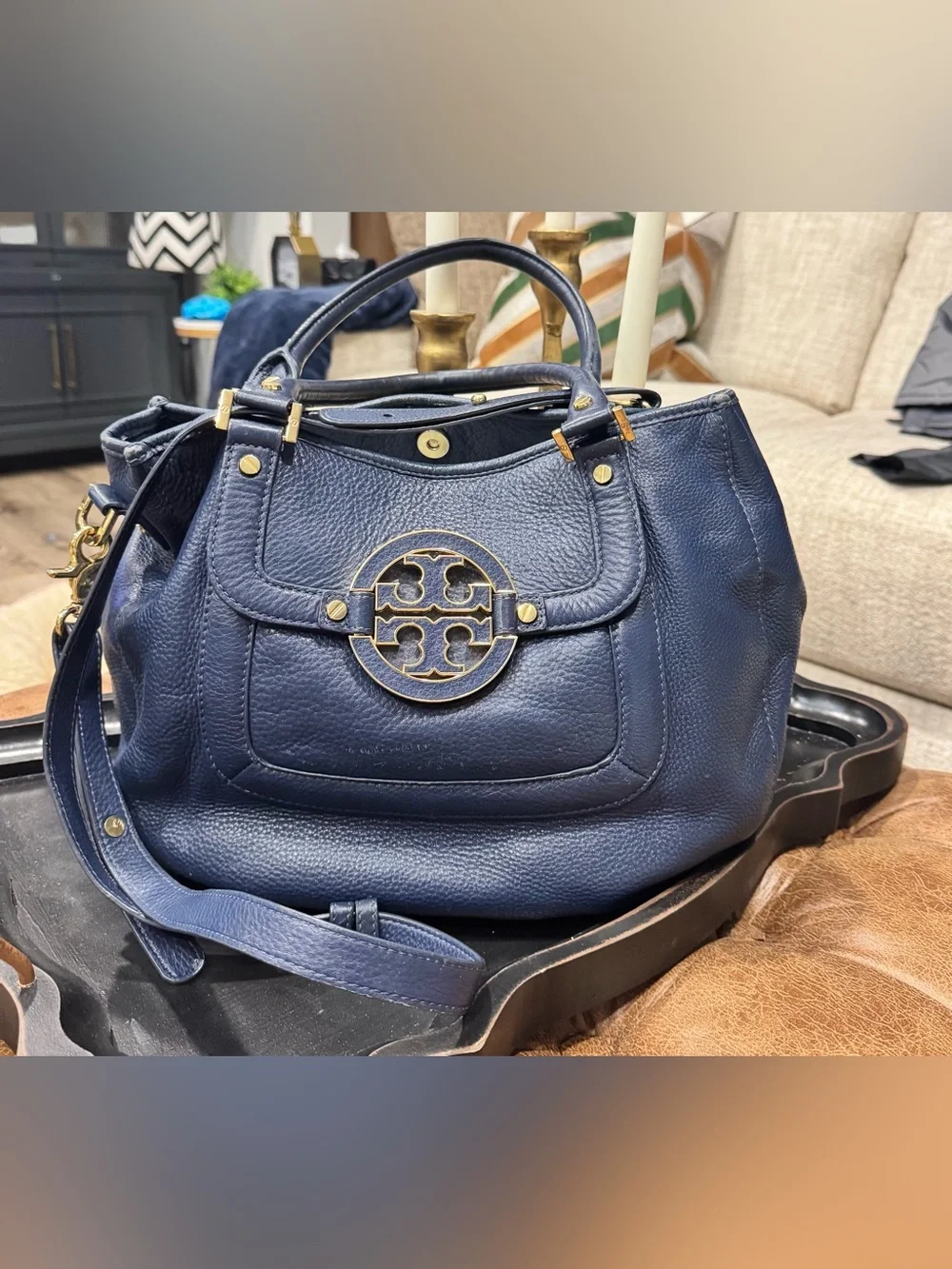 Tory Burch Navy Leather Fleming Satchel